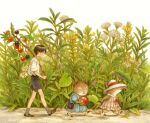  1boy 2girls bag bare_legs berry black_hair black_shorts blue_dress branch covered_eyes dress field flower flower_field food grass grey_socks handbag hat holding holding_branch holding_food minimized mogoshin mouse multiple_girls original outdoors pink_ribbon ribbon shirt short_hair short_sleeves shorts socks sun_hat walking white_dress white_shirt 