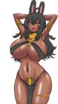  1girl absurdres ahoge alternate_breast_size alternate_hair_color animal_ears ankh armpits arms_behind_head bikini black_bikini black_hair bow braid breasts deculture dimples_of_venus egyptian_clothes hair_between_eyes hair_bow highres huge_breasts jewelry navel non-web_source open_mouth pelvic_curtain phase_connect pipkin_pippa rabbit_ears smirk swimsuit tan twin_braids usekh_collar virtual_youtuber wide_hips 
