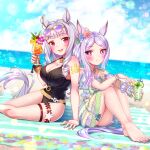 2girls :d animal_ears bare_shoulders barefoot black_one-piece_swimsuit blunt_bangs breasts casual_one-piece_swimsuit cleavage cup drinking_glass ear_flower eyewear_on_head gold_ship_(run_revolt_launcher)_(umamusume) gold_ship_(umamusume) grey_hair highres holding holding_cup horse_ears horse_girl horse_tail long_hair looking_at_viewer mejiro_mcqueen_(ripple_fairlady)_(umamusume) mejiro_mcqueen_(umamusume) multiple_girls official_alternate_costume one-piece_swimsuit purple_eyes purple_hair smile sugimotty_nova sunglasses swept_bangs swimsuit tail tracen_swimsuit umamusume 