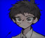  1boy blue_background brown_eyes brown_hair collared_shirt danganronpa_(series) danganronpa_2:_goodbye_despair highres hinata_hajime male_focus parted_lips portrait shirt short_hair simple_background solo sweat teeth u_donburi 