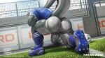  2023 anthro anus artist_name ball balls barazoku bent_over blue_clothing blue_footwear blue_shirt blue_shoes blue_socks blue_topwear canid canine cleats clothing date facial_markings footwear fur genitals grass green_body green_fur hair head_markings hi_res inside jockstrap kneeling male mammal markings muscular muscular_anthro muscular_male muscular_thighs o_(takahirosi) on_one_knee pantsless penis plant presenting presenting_anus red_hair red_markings shirt shoes soccer_ball soccer_field soccer_jersey soccer_socks soccer_uniform socks solo sportswear takahirosi topwear underwear uniform white_body white_fur white_lines 