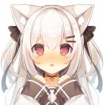  1girl animal_ear_fluff animal_ears bell black_bow black_ribbon blush bow cat_ears cat_girl clenched_hands close-up commentary_request crying crying_with_eyes_open double-parted_bangs fang hair_between_eyes hair_bow hair_ornament hair_ribbon hairclip haruchimo highres jingle_bell long_hair looking_at_viewer neck_bell nose_blush open_mouth original paid_reward_available red_eyes ribbon sad shirt sidelocks sleeves_past_wrists solo straight-on straight_hair tears transparent_background two_side_up white_hair white_shirt 
