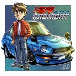  1boy asakura_akio black_eyes blue_pants border brown_hair car chibi copyright_name datsun datsun_240z denim devil_z frown grey_footwear hair_behind_ear hand_in_pocket jacket jeans male_focus motor_vehicle nissan nissan_fairlady_z outside_border pants red_jacket shadow shirt shoes signature sneakers takedake_(motion_animator) v-shaped_eyebrows vehicle_focus wangan_midnight white_border white_shirt 