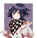  1boy aka_tonbo_(lililil) black_hair blush buttons checkered_clothes checkered_scarf danganronpa_(series) danganronpa_v3:_killing_harmony double-breasted fang grin hair_between_eyes hands_up jacket long_sleeves male_focus oma_kokichi outline purple_background purple_eyes scarf signature smile teeth upper_body white_background white_outline 