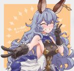  1girl animal_ears bare_shoulders black_dress black_gloves blue_dress blue_hair breasts closed_eyes commentary_request covered_collarbone double_v dress earrings erune ferry_(granblue_fantasy) frilled_dress frilled_gloves frills gloves granblue_fantasy hand_up happy highres hoop_earrings jewelry large_breasts long_hair multicolored_clothes multicolored_dress orange_background sideboob single_earring sleeveless sleeveless_dress smile solo sparkle teeth translation_request v wavy_hair white_dress yirga 