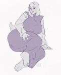  4_toes anthro big_breasts boss_monster bovid breasts caprine clothed clothing darkriallet eyebrows feet female fingers floppy_ears fur hand_on_leg hand_on_thigh hi_res horn huge_breasts long_ears looking_at_viewer mammal mature_anthro mature_female robe simple_background sitting solo toes toriel undertale undertale_(series) white_background white_body white_fur 