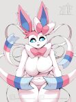  absurd_res anthro aroused aroused_face aroused_smile big_breasts blue_eyes bodily_fluids bow_ribbon bow_tie breast_squish breasts cleavage clothed clothing curvy_figure eeveelution exposed_breasts eyebrows eyelashes fangs female fur generation_6_pokemon hi_res looking_at_viewer looking_up nintendo nipples nude open_mouth pink_body pink_fur pokemon pokemon_(species) ribbons sharp_teeth sketchy_protogen smile solo squish sweat sylveon teeth white_body 