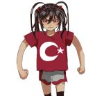  :3 antenna_hair brown_hair clenched_hands closed_mouth crescent crescent-shaped_pupils crescent_hair_ornament grey_shorts hair_ornament highres looking_at_viewer medium_hair mossacannibalis original red_eyes red_shirt shirt shorts simple_background star-shaped_pupils star_(symbol) star_and_crescent star_hair_ornament symbol-shaped_pupils thighhighs turkey_(country) twintails white_background 