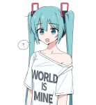  1girl ? aqua_eyes aqua_hair bocchi_the_rock! clothes_writing commentary english_text hair_ornament hatsune_miku hatsune_miku_(vocaloid4) headphones highres long_hair off_shoulder open_mouth parody parody_request shirt short_sleeves single_bare_shoulder solo spoken_question_mark style_parody t-shirt tanosii_chan twintails upper_body v4x very_long_hair vocaloid white_background white_shirt 