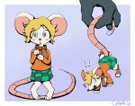  blonde_hair clothing coffeefly female hair hi_res invalid_tag mammal mouse moushley murid murine nervous rodent tail tail_grab 
