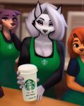  5_fingers anthro aozee apron beastars big_breasts breasts brown_body brown_fur canid canid_demon canine canis cleavage clothed clothing coffee_cup container cup demon digital_media_(artwork) disney domestic_dog english_text female fingers fur goof_troop group hair hellhound helluva_boss hi_res holding_coffee_cup holding_container holding_cup holding_object inside juno_(beastars) larger_female looking_at_viewer loona_(helluva_boss) mammal narrowed_eyes netflix open_mouth piercing red_sclera roxanne_(goof_troop) size_difference smaller_female smile standing starbucks text topwear trio white_body white_fur wolf 