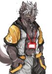  absurd_res anthro ao_gravity canid canine canis clothed clothing domestic_dog fur hand_in_pocket hi_res lifewonders looking_aside male mammal open_clothing open_shirt open_topwear pockets shirt simple_background solo standing tadatomo tokyo_afterschool_summoners topwear wet wet_body wet_fur white_background 
