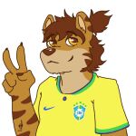  anthro brazilian brown_hair cheek_marks clothed clothing digital_media_(artwork) felid fur gabe_(mytigertail) gesture hair jersey long_hair male mammal markings nike overweight overweight_anthro overweight_male pantherine ponytail_(hair) simple_background slightly_chubby soccer soccer_jersey soccer_uniform solo sport sportswear striped_markings stripes tiger topwear uniform unknown_artist v_sign 