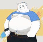  2023 anthro belly big_belly black_nose bottomwear bulge canid canine canis clothed clothing domestic_dog fur hi_res humanoid_hands kemono lifewonders live_a_hero male mammal moobs nipples overweight overweight_male pants raised_clothing raised_shirt raised_topwear return026 shirt simple_background solo topwear white_body white_fur yohack 