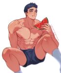  1boy abs bara blue_hair blue_shorts closed_mouth copyright dark_blue_hair eating feet_out_of_frame food food_bite fruit male_focus muscular muscular_male navel nipples original pectorals shorts simple_background socks solo sweatdrop watermelon white_background white_socks yotti 