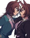  2girls animal_ears arm_up artist_name black_jacket black_pants breasts brown_hair cleavage closed_mouth collared_shirt cross_tie dual_persona eye_contact face-to-face from_behind frown green_jacket grey_shirt hair_between_eyes hand_on_own_hip highres horse_ears horse_girl jacket kabedon leaning_forward long_hair long_sleeves looking_at_another medium_breasts multiple_girls official_alternate_costume open_clothes open_jacket pants pendant_choker red_eyes shirt simple_background sirius_symboli_(escorte_etoile)_(umamusume) sirius_symboli_(umamusume) smile sweat umamusume upper_body v-shaped_eyebrows white_background white_shirt zhu_(nitamagr) 