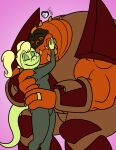  anthro blonde_hair camilla_(kendraeevee) canon_x_oc digit_ring duo embrace female gepredators green_body green_scales hair hi_res hug husband_and_wife jewelry larger_male love male male/female married_couple mighty_ducks orange_body orange_scales pigtails reptile ring romantic romantic_couple scales scalie siege_(mighty_ducks) size_difference smaller_female wedding_ring 