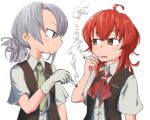  2girls ahoge arashi_(kancolle) black_vest blue_eyes brown_eyes cigarette closed_mouth collared_shirt gloves grey_hair holding holding_cigarette kantai_collection kisei_mt multiple_girls neckerchief necktie nowaki_(kancolle) open_mouth red_hair shirt short_sleeves simple_background smoke smoking upper_body vest white_background white_gloves white_shirt yellow_neckerchief 