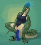  anthro blue_body blue_feathers breasts claws clothing clothing_aside crouching dildo dildo_sitting dinosaur dromaeosaurid feather_hair feathers female front_view genitals green_body green_scales had_my_way hi_res ixchel_(velocicopter) masturbation non-mammal_breasts one-piece_swimsuit penetration pseudo_hair pussy reptile scales scalie sex_toy swimwear swimwear_aside talons theropod toe_claws vaginal vaginal_masturbation velociraptor 