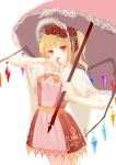  1girl alternate_costume blonde_hair blood blood_on_hands bonnet bow bowtie breasts capelet cowboy_shot crystal dress flandre_scarlet flower hair_flower hair_ornament holding holding_umbrella jessicaxx licking licking_hand looking_at_viewer medium_hair multicolored_wings one_side_up open_mouth orange_bow orange_bowtie pink_dress pink_umbrella red_eyes red_flower red_rose rose simple_background small_breasts solo tongue tongue_out touhou umbrella white_background white_capelet wings 
