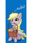  2023 basket blonde_hair container cutie_mark derp_eyes derpy_hooves_(mlp) digital_media_(artwork) equid equine eyelashes feathered_wings feathers female feral flvski folded_wings food friendship_is_magic fur grey_body grey_feathers grey_fur hair hasbro hi_res mammal mouth_hold muffin my_little_pony pegasus smile solo wings yellow_eyes 
