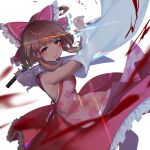  1girl apron blunt_bangs blush bow breasts brown_eyes brown_hair commentary_request cookie_(touhou) detached_sleeves dress feet_out_of_frame frilled_bow frilled_dress frilled_hair_tubes frills glint hair_bow hair_tubes hakurei_reimu holding holding_sword holding_weapon jiyu_(jiyusi) katana long_hair looking_at_viewer medium_bangs medium_breasts open_mouth pink_apron ponytail red_bow red_dress rurima_(cookie) sideboob sidelocks sleeveless sleeveless_dress solo sword touhou weapon white_background white_sleeves wide_sleeves 
