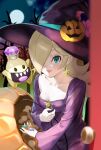  1girl blonde_hair blue_eyes brooch candy collarbone door dress earrings eyelashes food full_moon hair_over_one_eye halloween halloween_bucket hat highres holding holding_candy holding_food jewelry kurere1202 long_sleeves looking_at_viewer luma_(mario) mario_(series) mario_kart mario_kart_tour moon night open_mouth purple_dress purple_headwear rosalina rosalina_(halloween) star_(symbol) star_brooch star_earrings upper_body witch witch_hat 