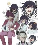  1girl 2boys :d anger_vein black_hair black_scarf blonde_hair blush_stickers checkered_clothes checkered_scarf danganronpa_(series) danganronpa_v3:_killing_harmony facial_hair flipped_hair goatee hair_over_one_eye heart highres invisible_chair jacket looking_at_another momota_kaito multiple_boys musical_note nasubinonono open_clothes open_shirt ouma_kokichi pants pink_eyes pink_jacket pink_pants print_shirt scarf shirt short_hair sitting smile space_print spiked_hair spoken_musical_note starry_sky_print toujou_kirumi translation_request white_jacket white_scarf 