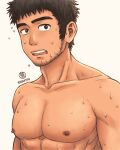  1boy abs afro alternate_body_hair bara beard dark-skinned_male dark_skin dolrit_(kusakyuu) facial_hair highres kusakyuu large_pectorals long_sideburns looking_at_viewer male_focus mature_male muscular muscular_male mustache_stubble nipples nude original pectorals short_hair sideburns solo stubble sweat thick_eyebrows upper_body 