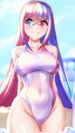  1girl alear_(female)_(fire_emblem) alear_(fire_emblem) alternate_costume anisdrawn blue_eyes blue_hair blush braid breasts crossed_bangs fire_emblem fire_emblem_engage heterochromia highres large_breasts long_hair looking_at_viewer multicolored_hair nervous_smile one-piece_swimsuit red_eyes red_hair smile solo split-color_hair swimsuit thick_thighs thighs tiara two-tone_hair very_long_hair wet wet_clothes wet_swimsuit white_one-piece_swimsuit 