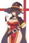  1girl aged_up alternate_breast_size belt black_cape breasts button_eyes cape cero_rains cleavage cross curvy dress eyepatch fingerless_gloves gloves hat highres huge_breasts kono_subarashii_sekai_ni_bakuen_wo! kono_subarashii_sekai_ni_shukufuku_wo! megumin red_cross red_dress red_eyes short_hair_with_long_locks simple_background thick_thighs thighs white_background wide_hips witch_hat 