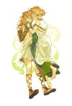  1boy 1girl armlet bare_shoulders barefoot blonde_hair braid breasts closed_mouth dark_skin dress full_body hair_ornament holding_hands link long_hair pointy_ears princess_zelda sandals short_hair shoulder_tattoo ss_un17 tattoo the_legend_of_zelda the_legend_of_zelda:_tears_of_the_kingdom white_dress 