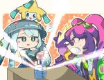  2girls :d ? blonde_hair blue_eyes blue_hair blue_headwear blush_stickers bright_pupils coat commentary_request furrowed_brow gloves green_coat grey_coat hat highres jirachi light_blue_hair long_hair long_sleeves multicolored_coat multicolored_eyes multicolored_hair multiple_girls open_clothes open_coat outline outstretched_arm pink_eyes pink_gloves pink_hair poison_miku_(project_voltage) pokemon pokemon_(creature) project_voltage purple_coat purple_hair sandogasa sizimaiwanu smile speech_bubble spoken_question_mark steel_miku_(project_voltage) tanzaku toxtricity toxtricity_(amped) twintails unaware vocaloid white_outline white_pupils yellow_eyes 