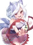  1girl absurdres animal_ears cowboy_shot dog_ears dog_tail fingernails foothold_trap frilled_skirt frills grey_hair highres hogemi mitsugashira_enoko multiple_tails pink_skirt purple_shirt red_eyes shirt simple_background skirt solo tail touhou white_background 