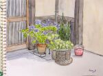  bucket door flower highres naoy_watercolor original painting_(medium) plant potted_plant purple_flower realistic still_life traditional_media watercolor_(medium) 