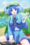  1girl :d backpack bag blue_eyes blue_hair blue_skirt blue_vest blunt_bangs breasts cloud commentary_request day hair_bobbles hair_ornament hand_up highres holding holding_wrench kawashiro_nitori light_blush long_sleeves looking_at_viewer nyarocks open_mouth outdoors parted_bangs short_hair skirt skirt_set small_breasts smile solo teeth touhou two_side_up upper_teeth_only vest water wrench 