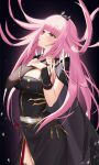  1girl black_background black_dress blunt_bangs breasts death_(entity) dress grim_reaper highres hololive hololive_english large_breasts long_hair looking_up mori_calliope pink_eyes pink_hair solo thomas_8000 virtual_youtuber 