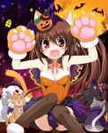  &gt;_&lt; 1girl :3 alternate_costume angry animal_ear_fluff animal_ears animal_hands arms_up bare_shoulders bat_(animal) bell black_cape black_cat black_headwear blush breasts brown_cat brown_hair brown_thighhighs cape castle cat cat_ears cat_tail commentary_request dress eyes_visible_through_hair fangs food-themed_hair_ornament frilled_skirt frills full_moon fur-trimmed_dress fur-trimmed_gloves fur_trim gloves grey_cat hair_bell hair_between_eyes hair_ornament hair_ribbon halloween halloween_costume hat heart-shaped_ornament highres ikeda_jun_(aquaqua) jingle_bell knees_together_feet_apart little_busters! long_hair looking_at_viewer miniskirt moon natsume_rin neck_bell neck_ribbon nontraditional_playboy_bunny open_mouth orange_dress orange_moon orange_tail paw_gloves pink_ribbon pumpkin_hair_ornament purple_background purple_skirt red_eyes ribbon second-party_source simple_background sitting skirt small_breasts solo star_(symbol) straight-on straight_hair strapless strapless_dress tail thighhighs v-shaped_eyebrows very_long_hair white_cat white_fur white_ribbon witch_hat 