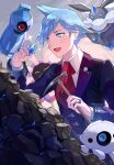  1boy aron beldum blue_eyes blue_gemstone blue_hair blush carbink closed_eyes gem highres holding holding_pickaxe lileep male_focus mega_stone necktie pickaxe pokemon pokemon_(creature) pokemon_(game) pokemon_oras rock smile sparkle steven_stone tsu_(md_tsune) 