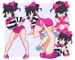  1girl all_fours ass bare_legs black_eyes black_hair black_nails bow breasts breasts_apart hair_bow heart heart-shaped_pupils high_heels highres leaning_forward legs_up looking_at_viewer lucia_(scott_malin) medium_breasts multiple_views neckerchief original pink_bow pink_footwear pink_neckerchief pink_shorts ponytail scott_malin shirt shirt_tucked_in short_shorts shorts sitting standing striped striped_shirt symbol-shaped_pupils tongue tongue_out topless 