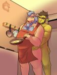  absurd_res anthro apron apron_only body_hair chest_hair clothing cooking domestic_pig fried_egg hi_res humanoid male male/male male_anthro mammal mostly_nude nude orc scar suid suina sus_(pig) thekinkybear tusks 