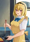  1girl apron artist_name black_hairband black_skirt blonde_hair blue_bow blue_bowtie bow bowtie chopsticks collared_shirt cooking fang hair_between_eyes hairband highres higurashi_no_naku_koro_ni holding holding_chopsticks houjou_satoko medium_hair open_mouth pink_eyes ramachiru school_uniform shirt skirt solo stove white_shirt yellow_apron 