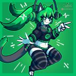 1:1 abstract_background absurd_res anthro application biped clothed clothing cute_eyes digital_media_(artwork) female fur green_body green_eyes green_fur green_hair hair hi_res looking_at_viewer music nagifur personification simple_background software solo spotify topwear 