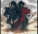  2boys black_hair black_hakama brown_kimono floating_hair hakama hanafuda_earrings haori high_ponytail holding holding_sheath holding_sword holding_weapon japanese_clothes katana kimetsu_no_yaiba kimono long_hair male_focus multiple_boys ou_syoku7 print_kimono sheath sketch standing sword tsugikuni_michikatsu tsugikuni_yoriichi unsheathed very_long_hair weapon 