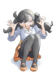  1girl black_hair black_pantyhose braid dark-skinned_female dark_skin emma_(pokemon) fashion highres long_hair looking_at_viewer mary_janes open_mouth pantyhose pokemon pokemon_(game) pokemon_xy shirt shoes simple_background sitting skirt smile solo sweater twin_braids u4_99384295 