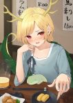  1girl :d antlers blonde_hair blue_shirt blurry blurry_background blush chopsticks collarbone commentary_request cup depth_of_field dragon_tail eyes_visible_through_hair fingernails flat_chest food hair_behind_ear hand_up highres index_finger_raised indoors kanpa_(campagne_9) kicchou_yachie looking_at_viewer nose_blush open_mouth plate red_eyes shirt short_hair short_sleeves sleeves_past_elbows smile solo tail touhou upturned_eyes 