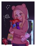  ! !! 1girl abigail_williams_(fate) animal_ears bag_of_chips bear_ears blonde_hair blue_eyes blush breasts cup fate/grand_order fate_(series) flying_sweatdrops food forehead hood hoodie long_hair long_sleeves looking_at_viewer mitsurugi_sugar open_mouth parted_bangs pink_hoodie pocky small_breasts solo translation_request variant_set 