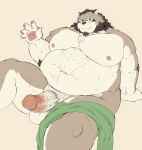  2023 anthro balls belly big_belly canid canine canis erection genitals hi_res kemono male mammal momo_92698 moobs nipples overweight overweight_male penis sitting solo tamacolle towel wolf yamato_(tamacolle) 