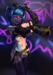  1girl :d absurdres aiming aiming_up alternate_hair_color arcane:_league_of_legends arm_tattoo armpits artist_name bare_shoulders belt black_belt black_gloves black_shirt black_sleeves blue_hair blurry blurry_background bob_cut breasts chest_tattoo cloud_tattoo cosplay cowboy_shot crop_top depth_of_field detached_sleeves doki_doki_literature_club finger_on_trigger fingerless_gloves gloves glowing glowing_eyes graffiti grin gun hair_ornament halterneck handgun highres holding holding_gun holding_weapon jinx_(league_of_legends) jinx_(league_of_legends)_(cosplay) league_of_legends looking_afar looking_ahead loose_belt lowleg lowleg_pants midriff natsuki_(doki_doki_literature_club) navel open_mouth pants pink_eyes purple_pants purple_sleeves santi_(santandraws) shadow shirt short_hair sidelocks signature single_detached_sleeve sleeveless sleeveless_shirt small_breasts smile solo stomach_tattoo striped striped_pants swept_bangs tattoo teeth two_side_up upper_teeth_only vertical-striped_pants vertical_stripes walking weapon x_hair_ornament 