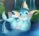  blue_body blue_eyes detailed detailed_background eeveelution female feral fin fish_tail forest forest_background generation_1_pokemon genitals grass hi_res nature nature_background nintendo open_mouth paws plant pokemon pokemon_(species) pose pussy river rock smile solo text tree vaporeon water white_fin yakukage yellow_fins 